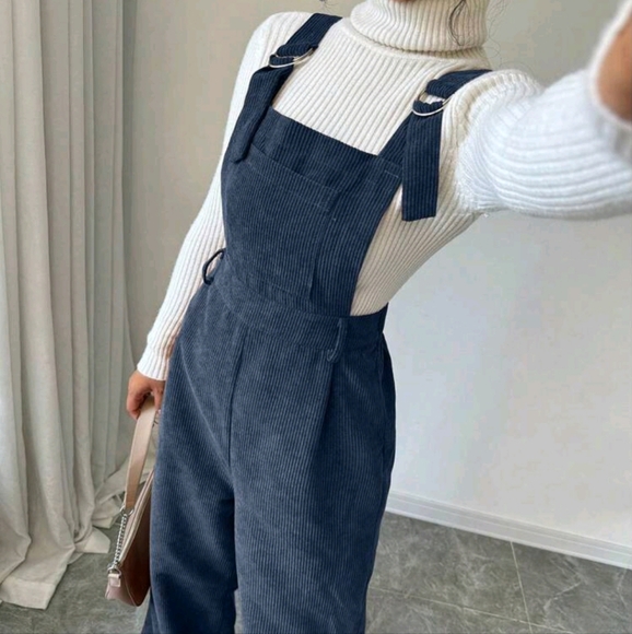 Women's Solid Color Wide Strap Simple Casual Bib Overalls In Corduroy - Picture 3 of 4